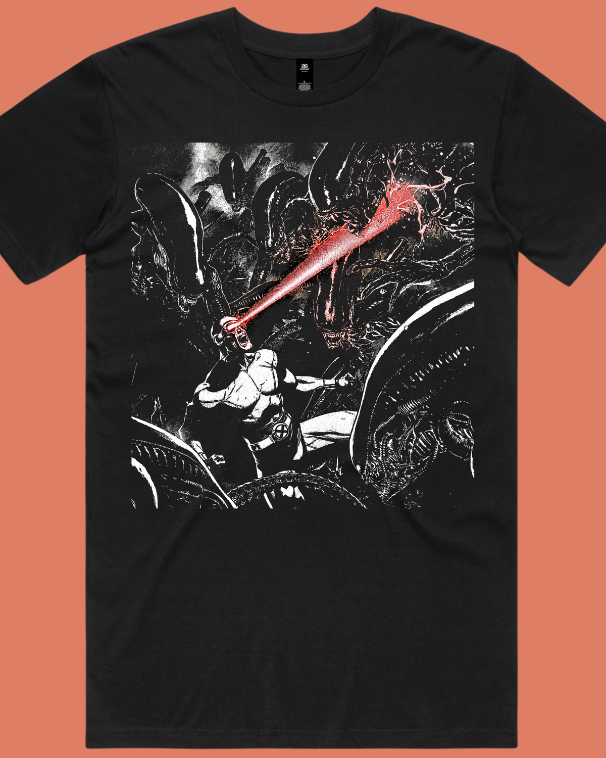 Rewind Media Cyclops vs Aliens graphic tee featuring the X-Men hero battling Xenomorphs, with distressed comic artwork and a red optic blast on a black T-shirt.